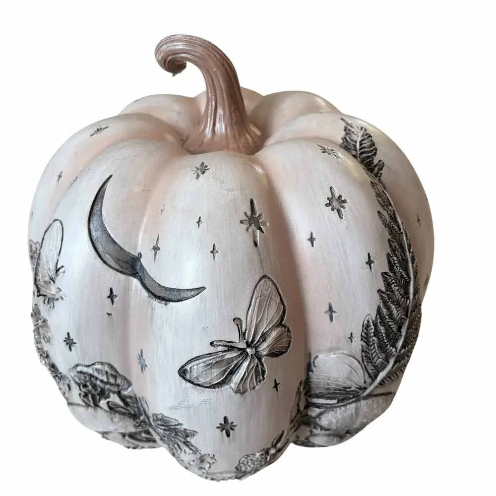 Pink Celestial Etched Halloween Pumpkin 10in Fall Butterfly Fern Forest NEW